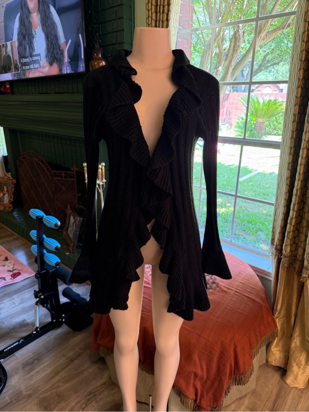 Black Ruffled Open-Front Women's Sweater Cardigan